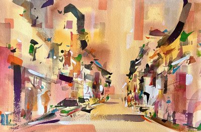 Chiayee Lam, George Town's Heritage Streets by Night, 38 x 56 cm, Watercolour on paper