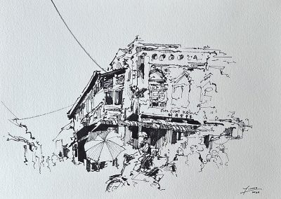 Chow Liang Cheng, Bustling Town Central, 27 x 38.5 cm, Marker Sketch