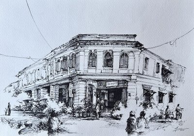 Chow Liang Cheng, Coffee in junction, 38.5 x 54 cm, Marker Sketch