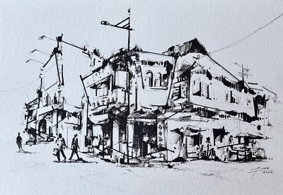 Chow Liang Cheng, Daybreak at Corner Shop, 26 x 36 cm, Marker Sketch