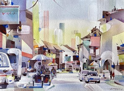 Jansen Chow, Morning Hues of the Historic Street 1, 28 x 38 cm, Watercolour on paper