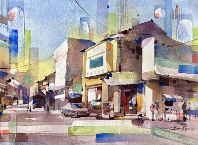 Jansen Chow, Morning Hues of the Historic Street 2, 28 x 38 cm, Watercolour on paper