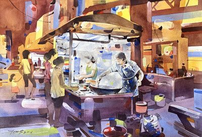 Jansen Chow, Nighttime Market Glow 1, 38 x 56 cm, Watercolour on paper