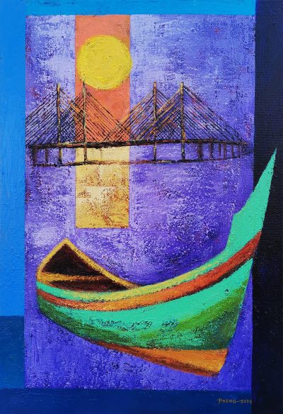 Sandy Lau Lai Pheng, Penang Bridge & Boat Series #2, 38cm x 56cm, Acrylic on Canvas